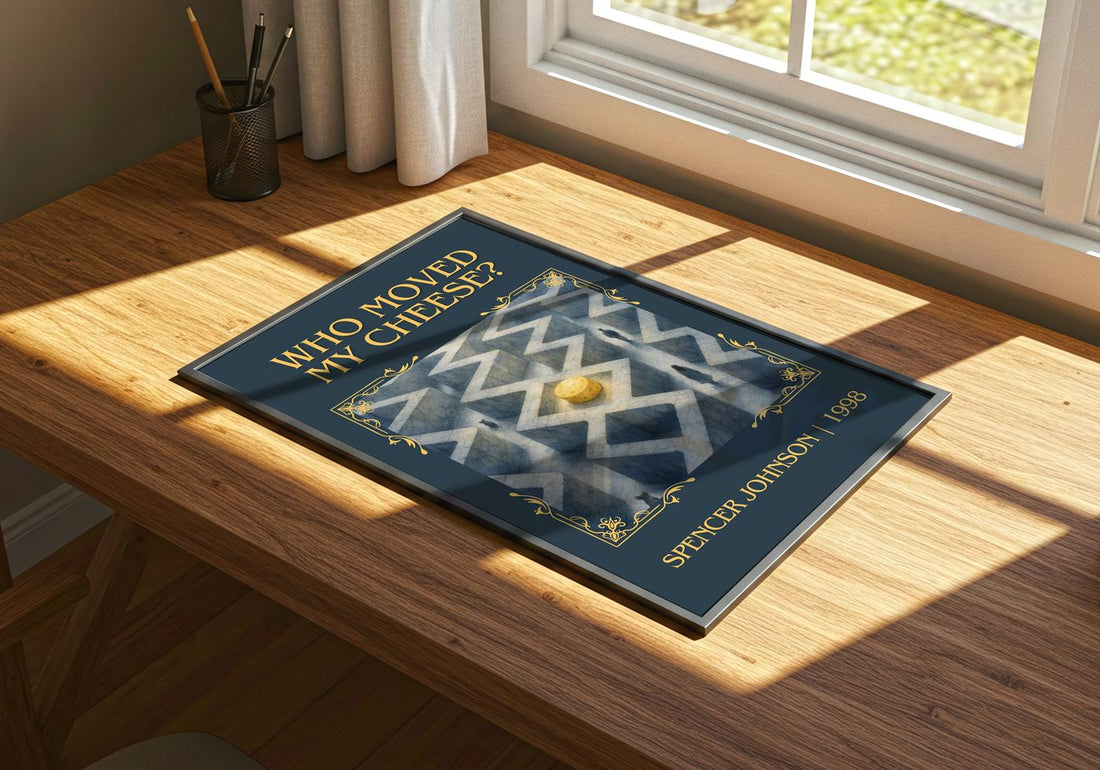 Who Moved My Cheese? Classic Book Art Print by Spencer Johnson – print on a sunlit desk