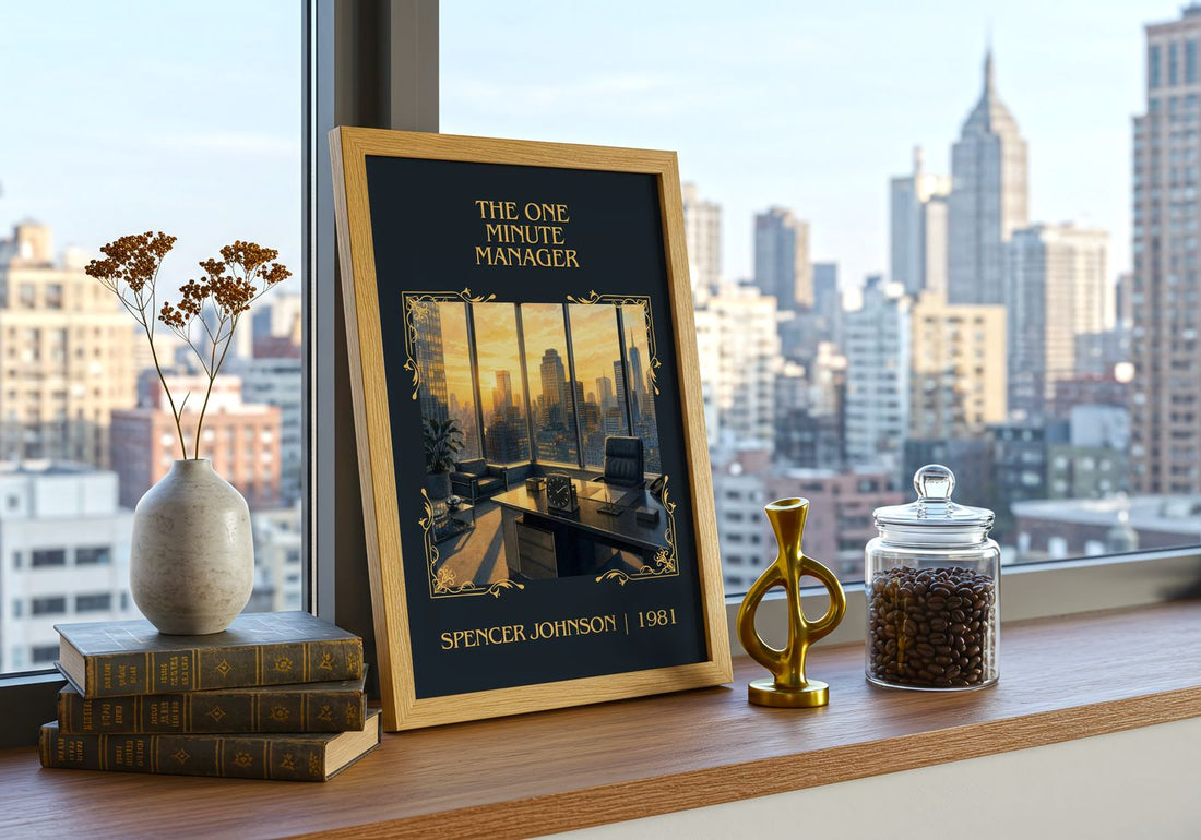The one minute manager Classic Book Art Print by Spencer Johnson – framed print on a city-view windowsill