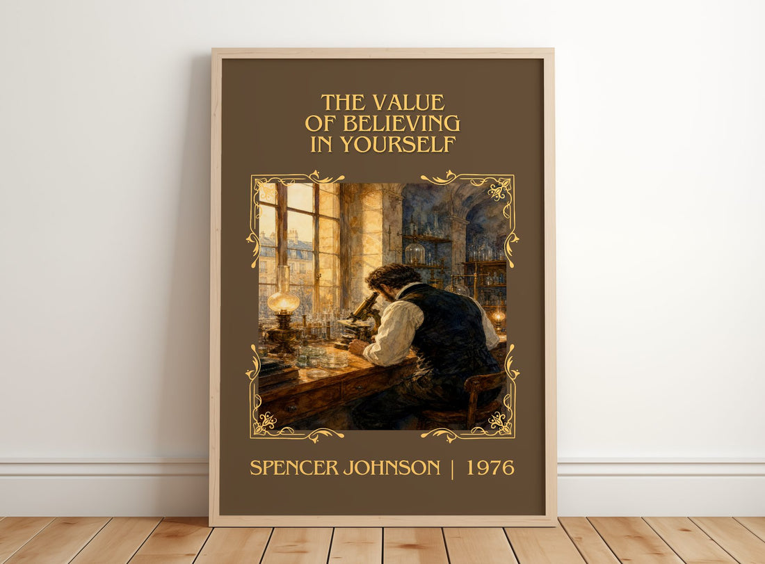 Value of Believing in Yourself Classic Book Art Print by S. Johnson – framed print leaning on a wooden floor