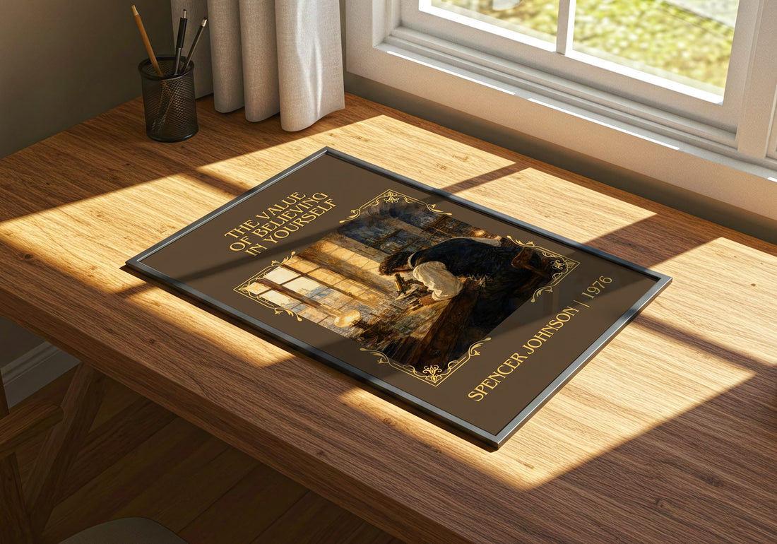 Value of Believing in Yourself Classic Book Art Print by S. Johnson – print on a sunlit desk
