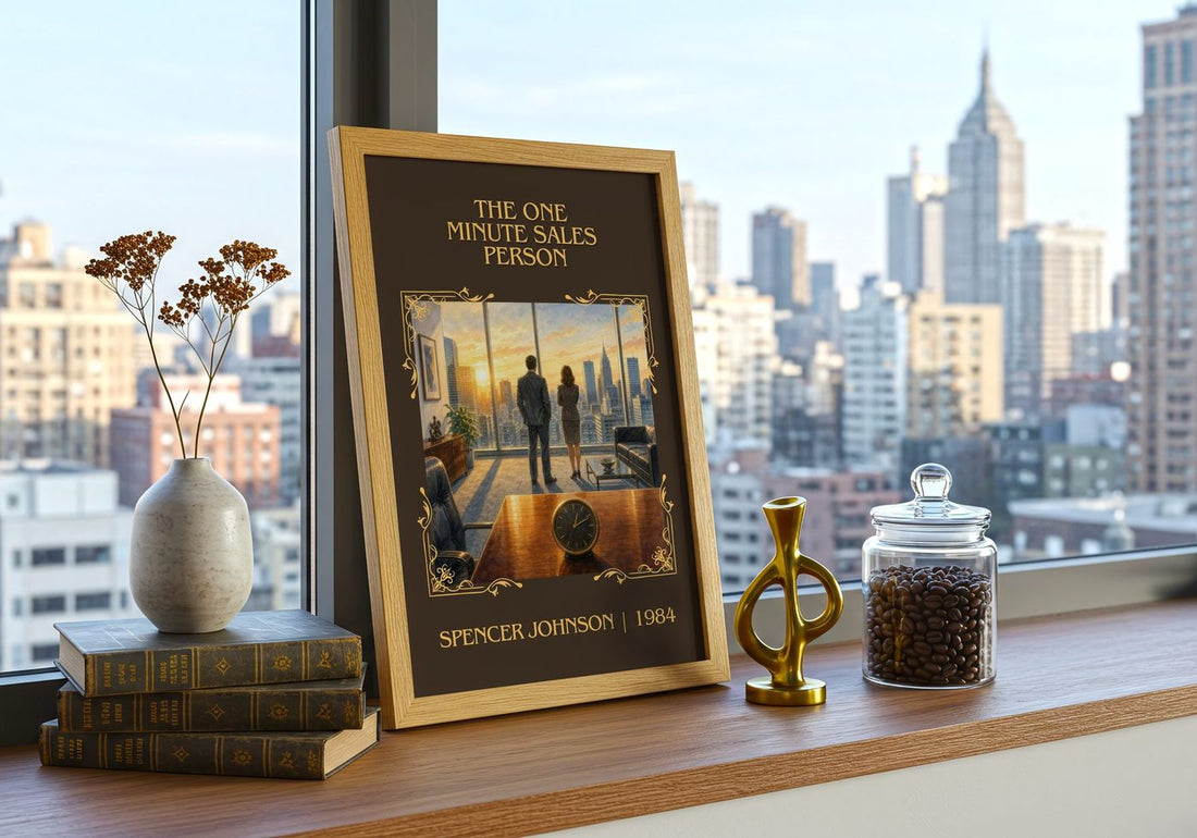 The one minute sales person Classic Book Art Print by Spencer Johnson – framed print on a city-view windowsill
