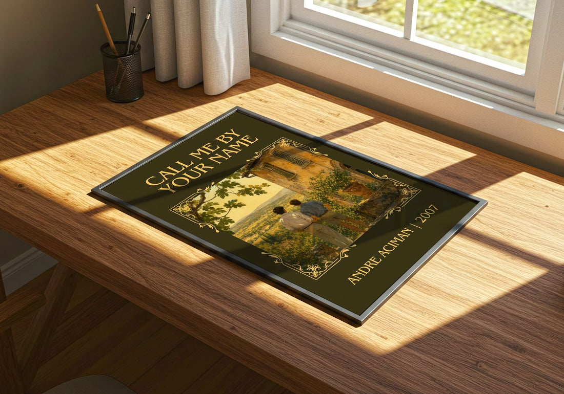 Call Me by Your Name Classic Book Art Print by André Aciman – print on a sunlit desk