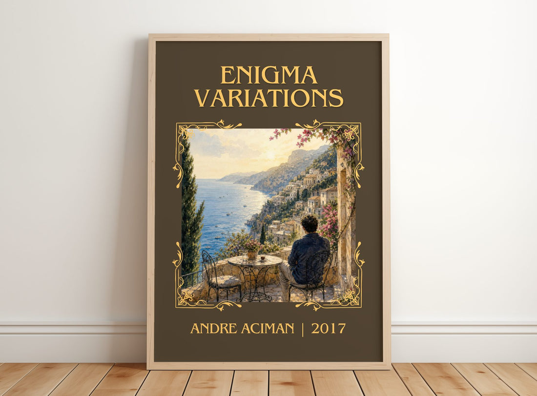 Enigma variations Classic Book Art Print by André Aciman – framed print leaning on a wooden floor