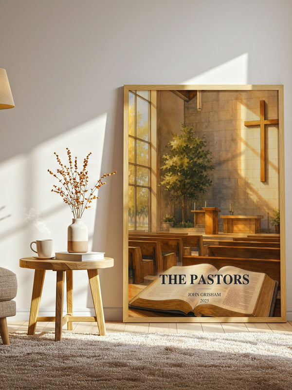 The Pastors watercolour print in frame leaning in hallway – thriller wall art