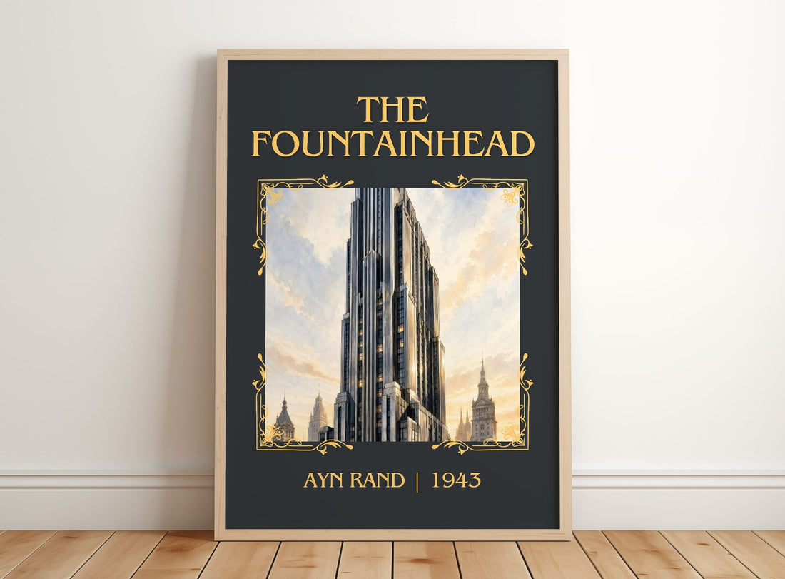 The Fountainhead Classic Book Art Print by Ayn Rand – framed print leaning on a wooden floor