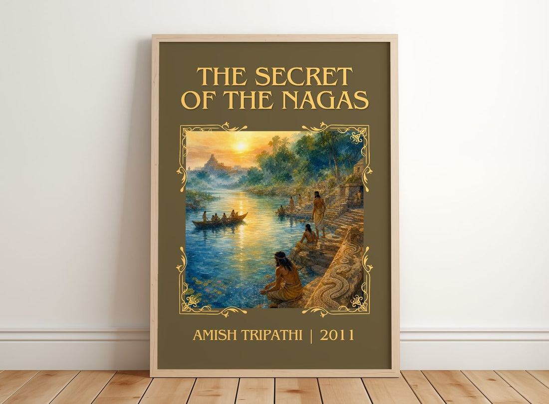 The Secret of the Nagas Classic Book Art Print by Amish Tripathi – framed print leaning on a wooden floor