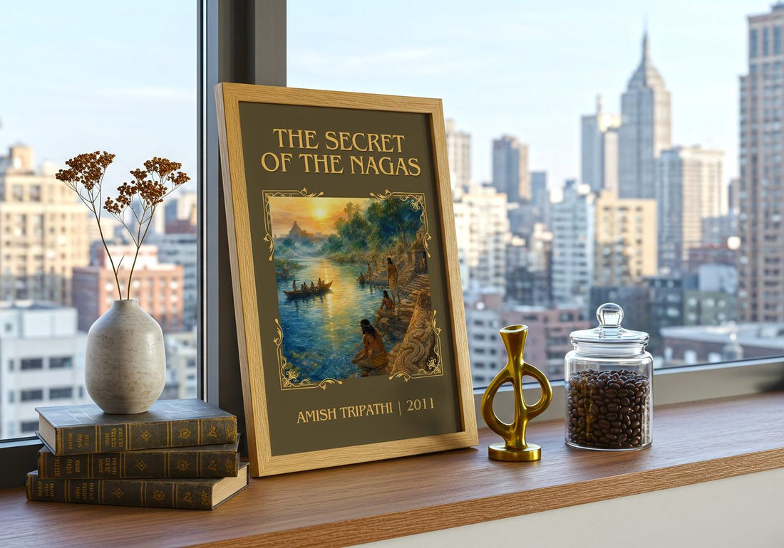 The Secret of the Nagas Classic Book Art Print by Amish Tripathi – framed print on a city-view windowsill