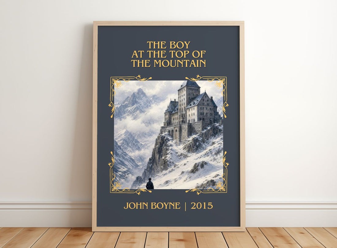 Boy at the Top of the Mountain Classic Book Art Print by John Boyne – framed print leaning on a wooden floor