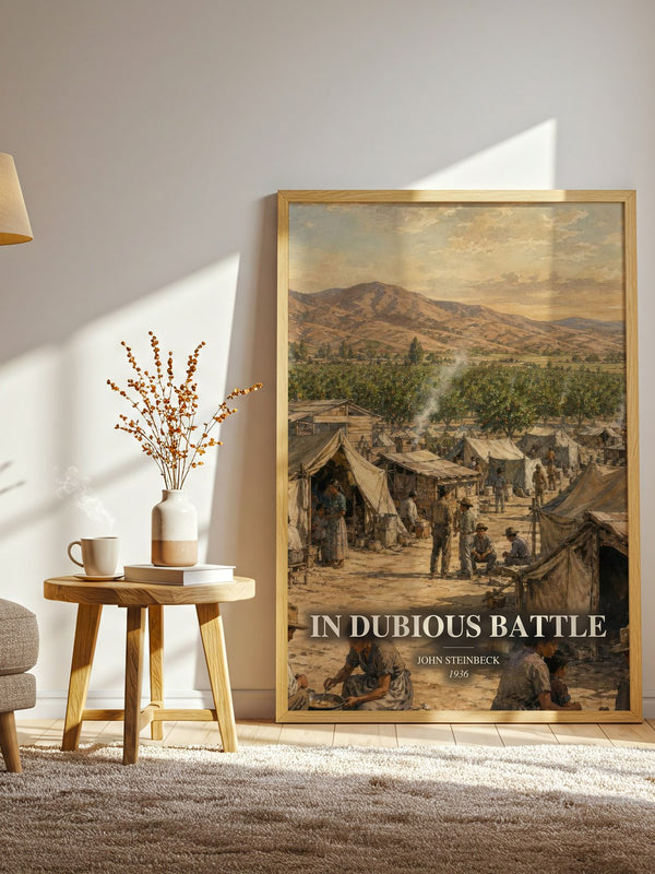 In Dubious Battle watercolour print in frame leaning in hallway – classic literature wall art