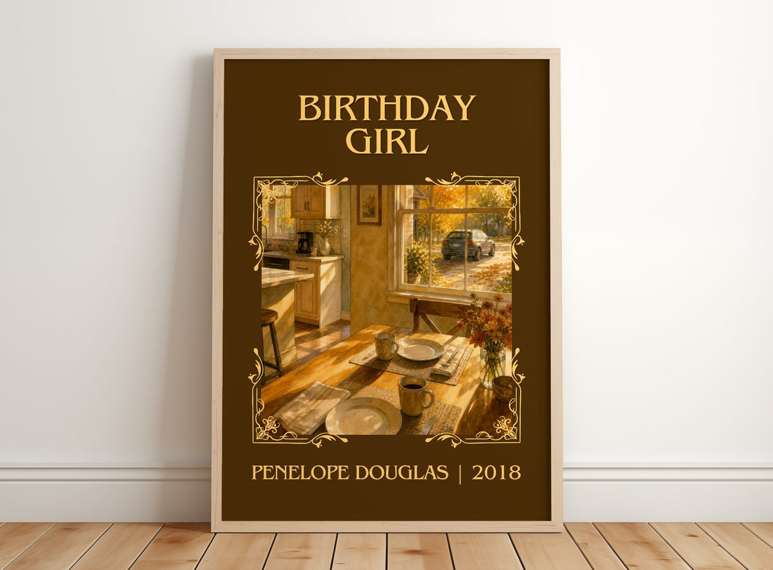 Birthday Girl Classic Book Art Print by Penelope Douglas – framed print leaning on a wooden floor