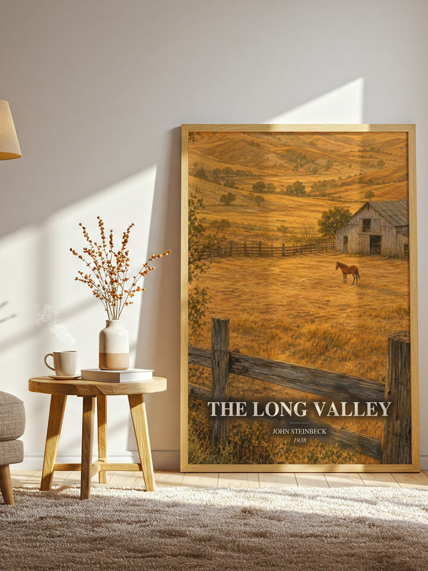 The Long Valley watercolour print in frame leaning in hallway – literary fiction wall art