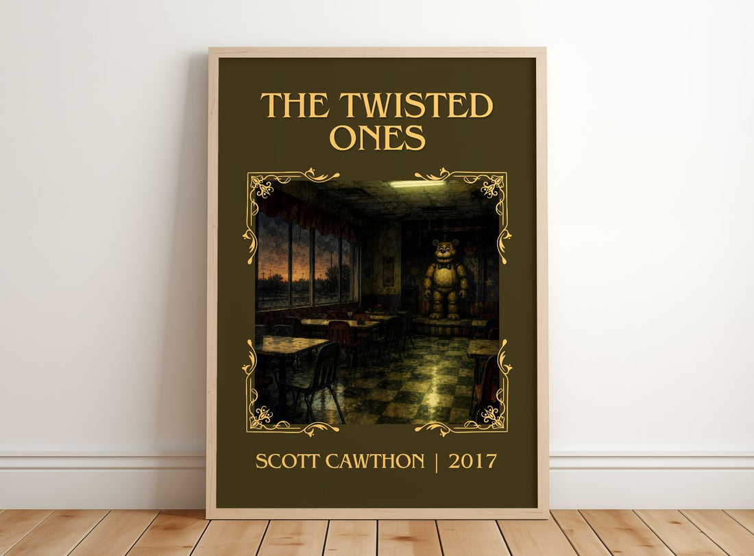 The Twisted Ones Classic Book Art Print by Scott Cawthon – framed print leaning on a wooden floor