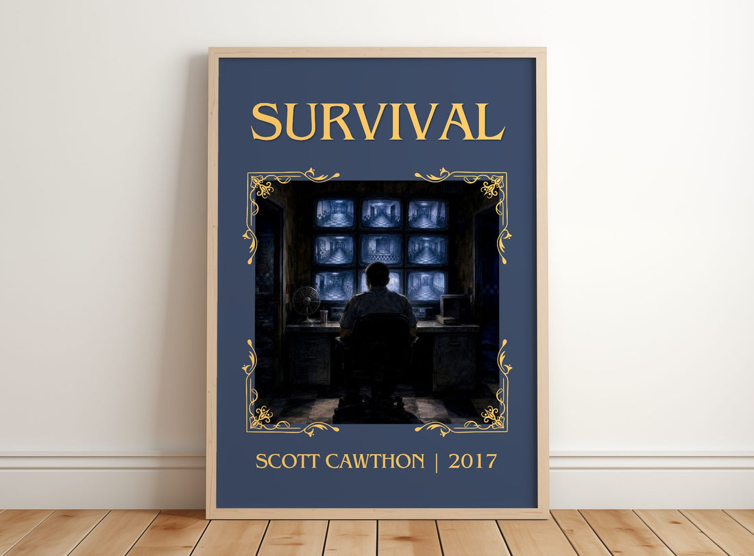 Survival Classic Book Art Print by Scott Cawthon – framed print leaning on a wooden floor
