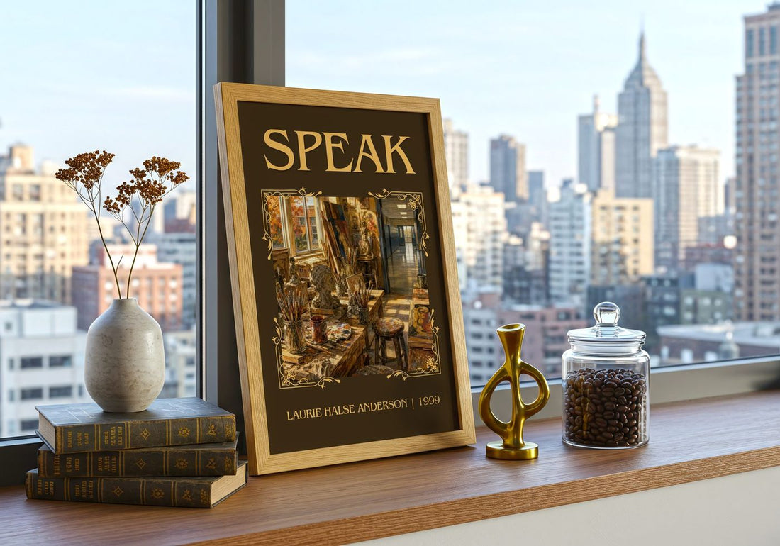 Speak Classic Book Art Print by Laurie Halse Anderson – framed print on a city-view windowsill