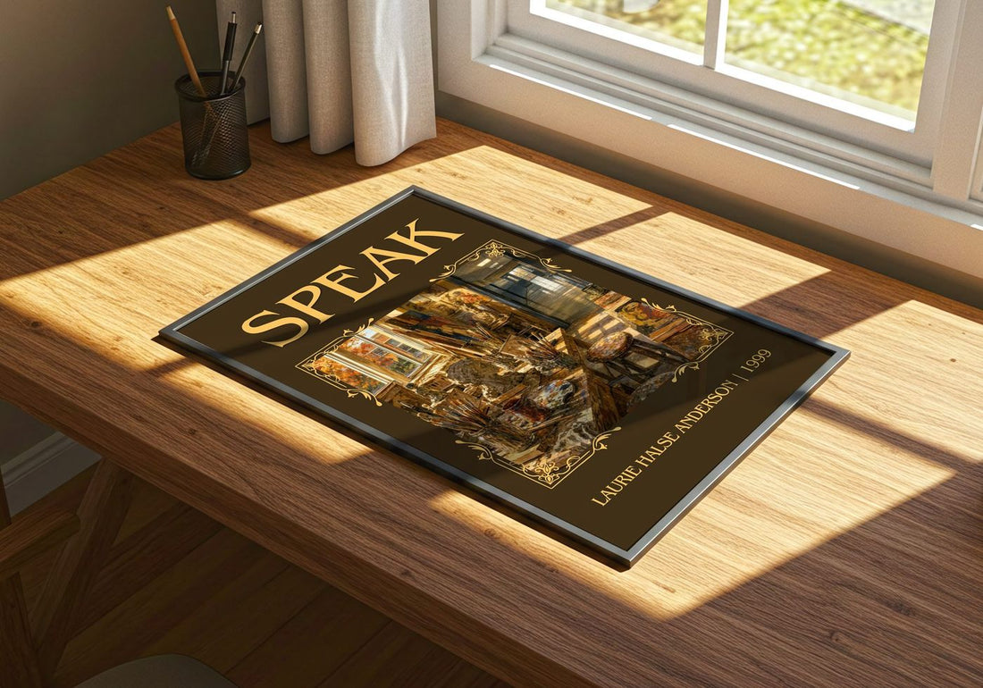 Speak Classic Book Art Print by Laurie Halse Anderson – print on a sunlit desk