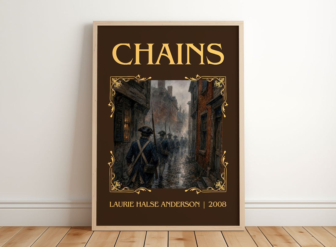 Chains Classic Book Art Print by Laurie Halse Anderson – framed print leaning on a wooden floor