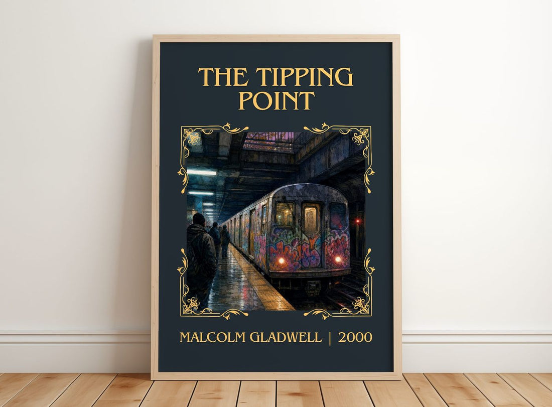 The Tipping Point Classic Book Art Print by Malcolm Gladwell – framed print leaning on a wooden floor