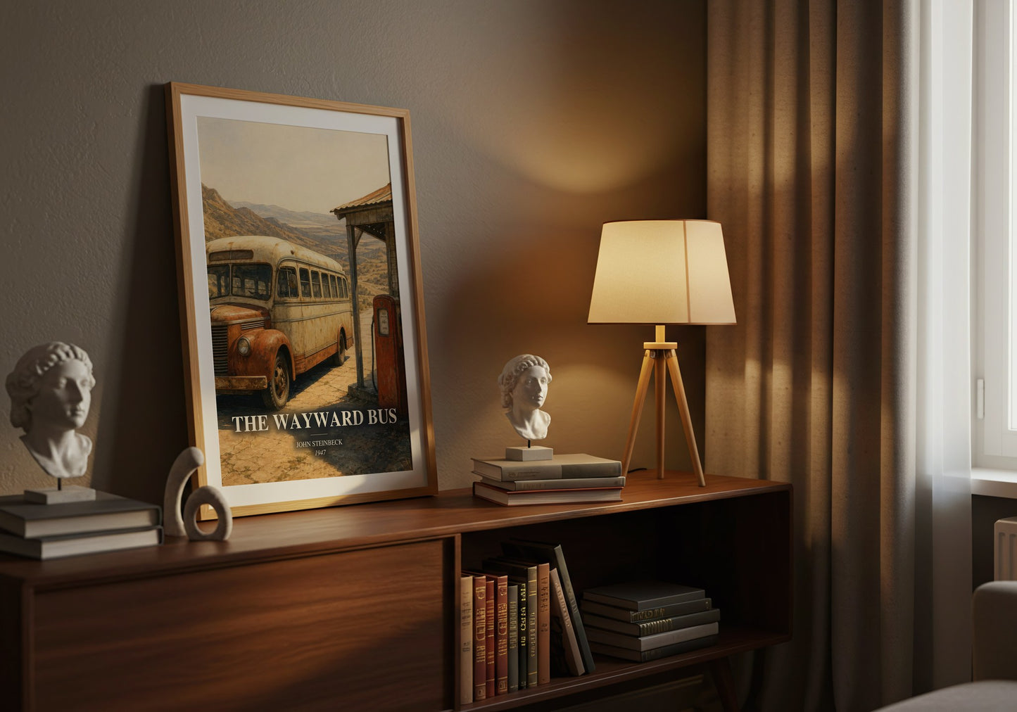 The Wayward Bus watercolour print on bookshelf – John Steinbeck fan gift