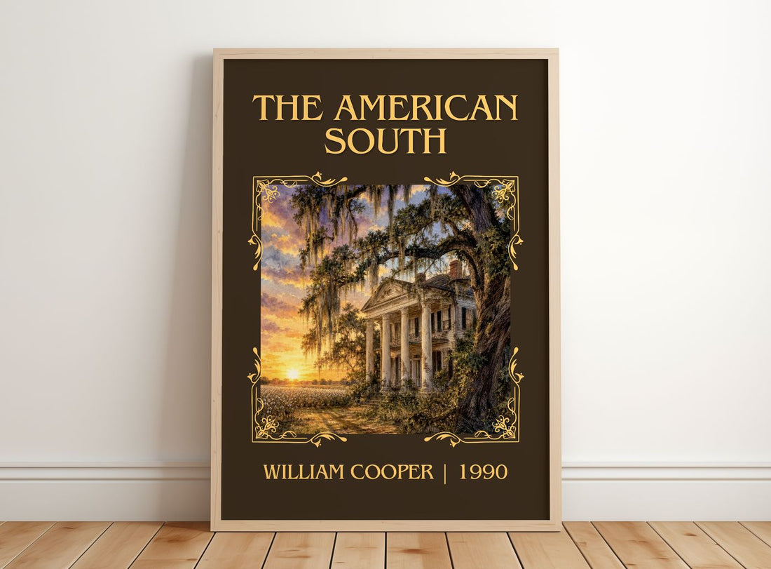 The American South Classic Book Art Print by William Cooper – framed print leaning on a wooden floor
