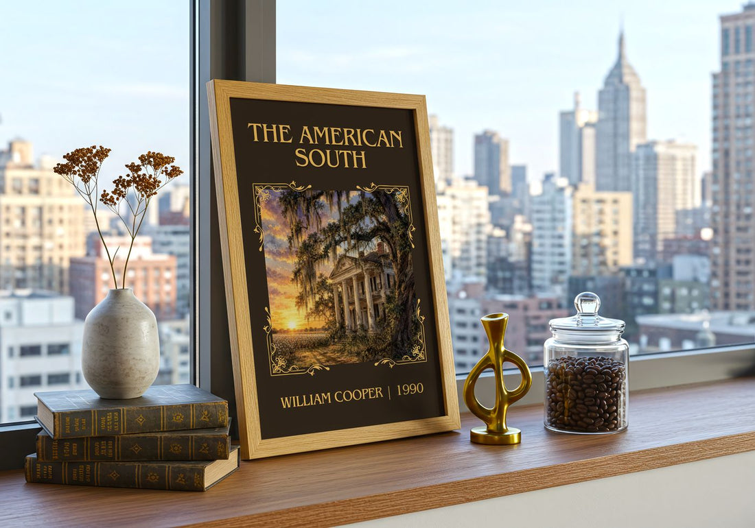 The American South Classic Book Art Print by William Cooper – framed print on a city-view windowsill