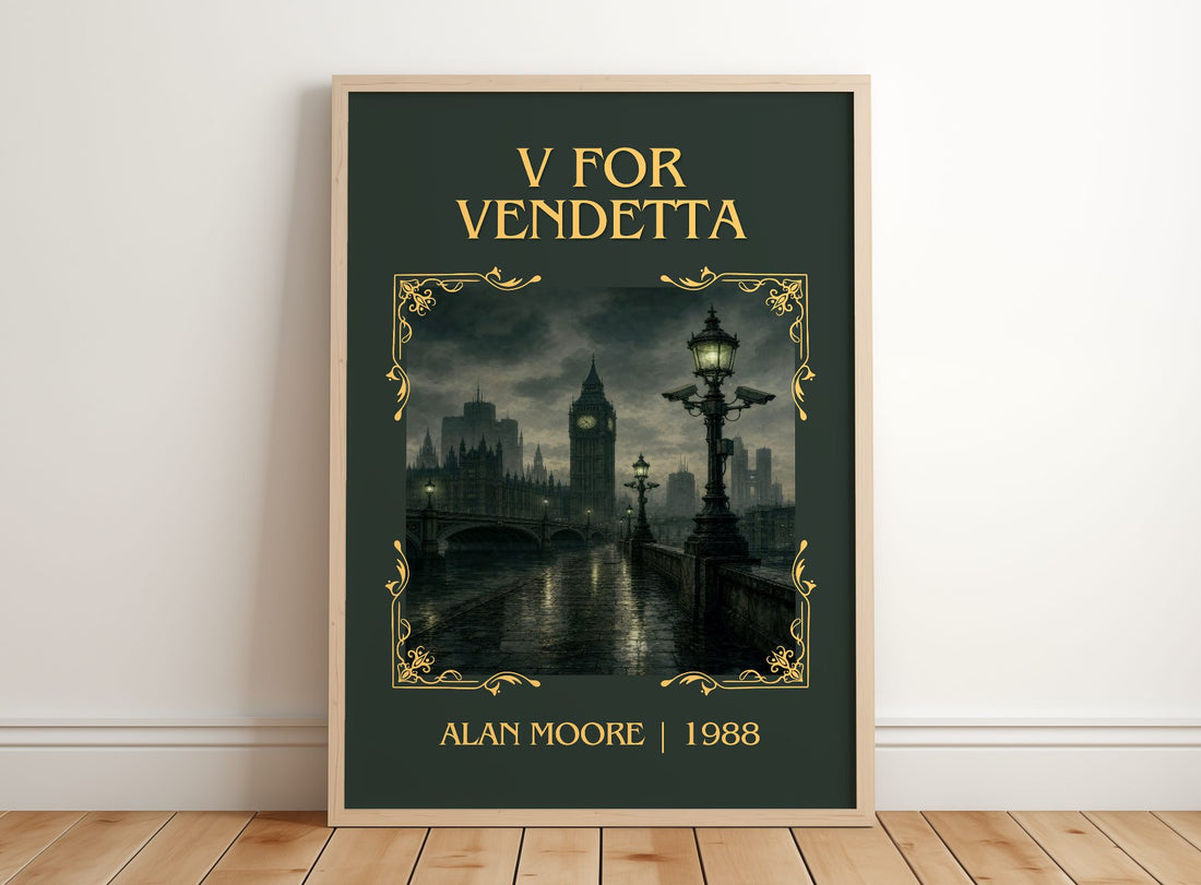 V for Vendetta Classic Book Art Print by Alan Moore – framed print leaning on a wooden floor