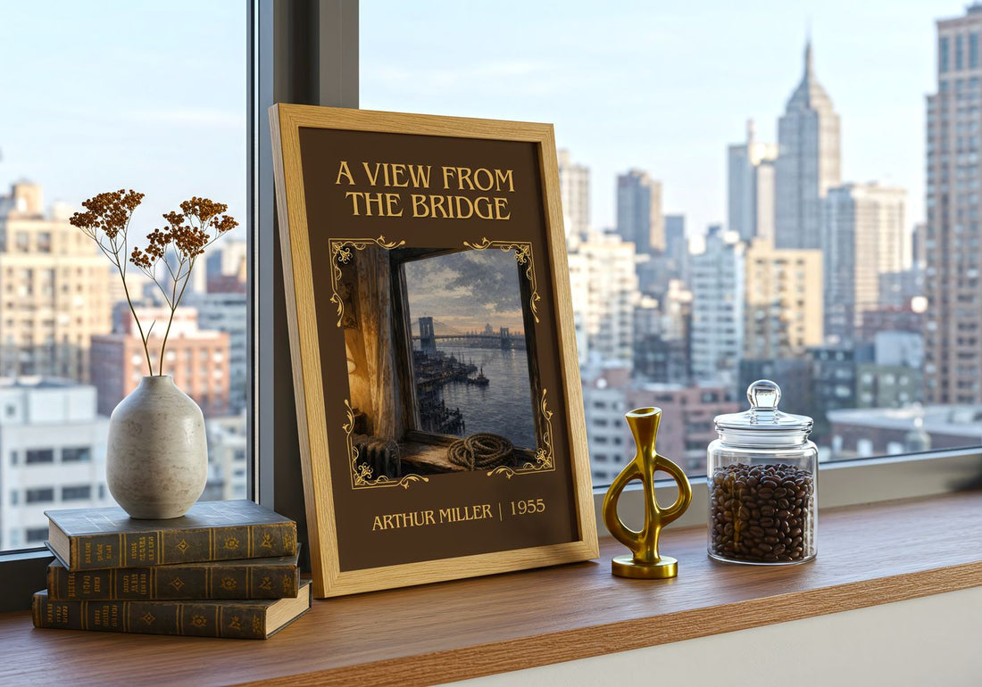 A View from the Bridge Classic Book Art Print by Arthur Miller – framed print on a city-view windowsill