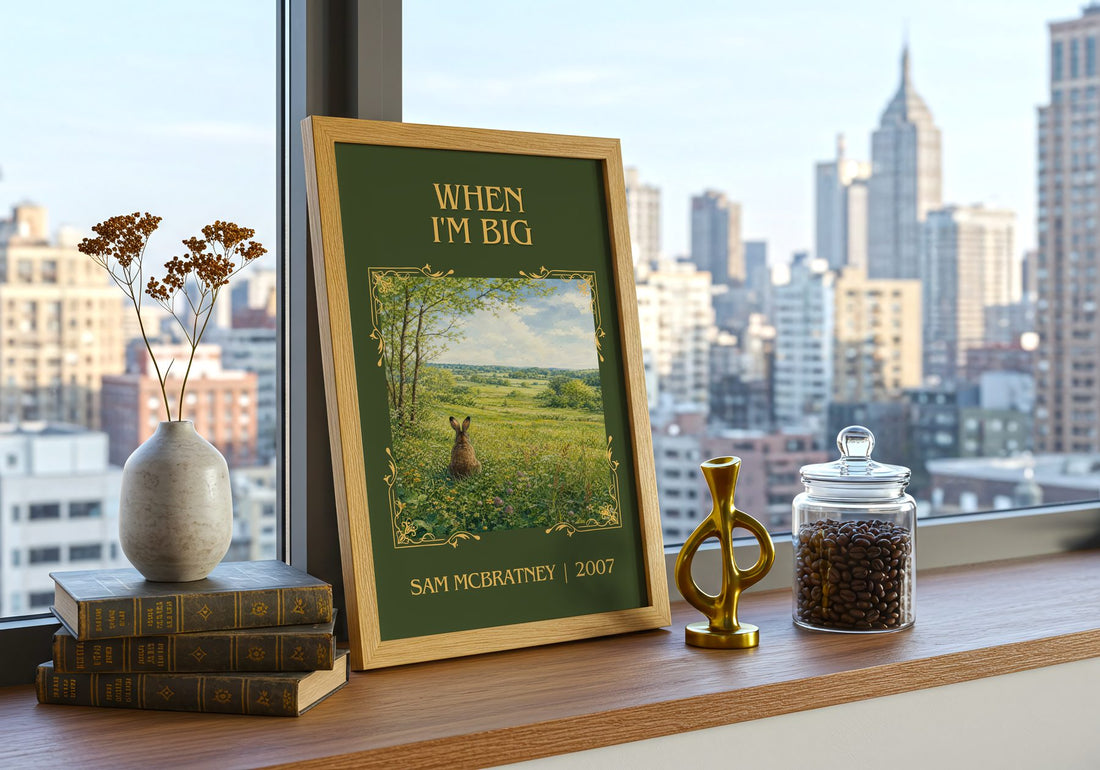 When I'm big Classic Book Art Print by Sam McBratney – framed print on a city-view windowsill