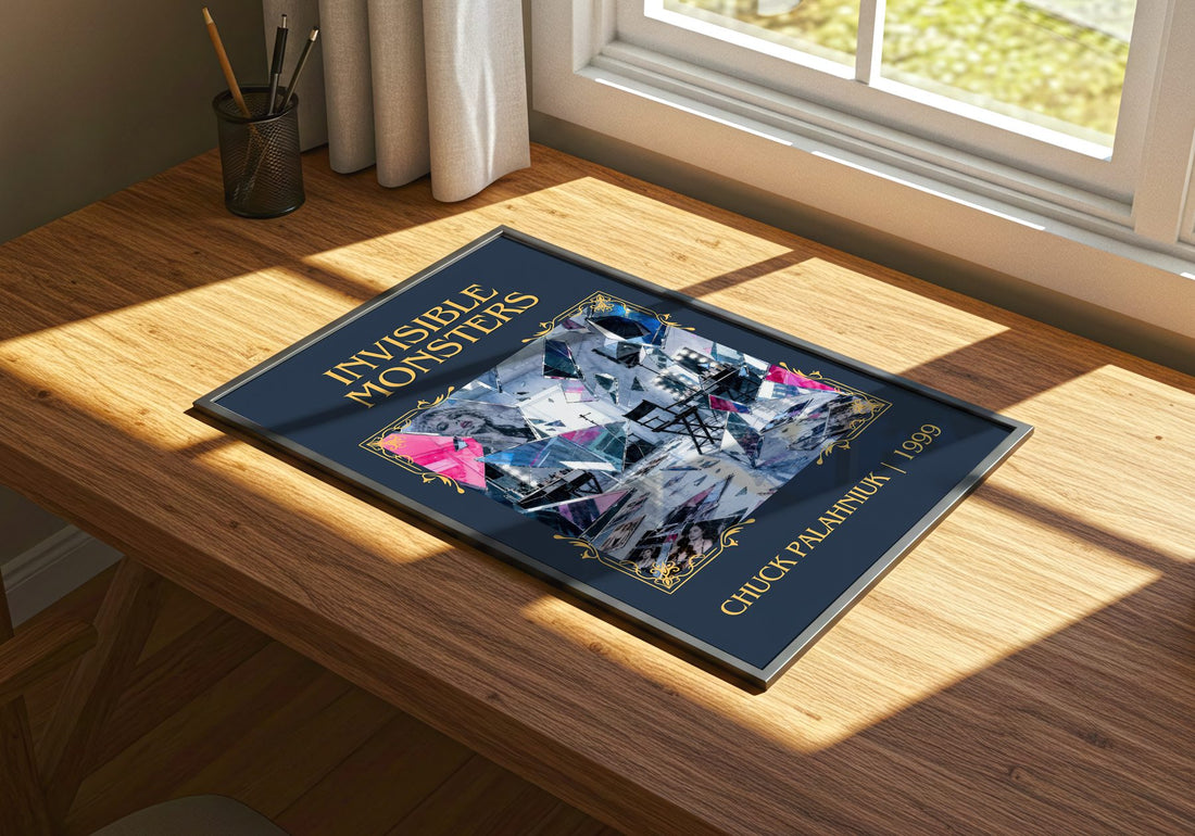 Invisible Monsters Classic Book Art Print by Chuck Palahniuk – print on a sunlit desk