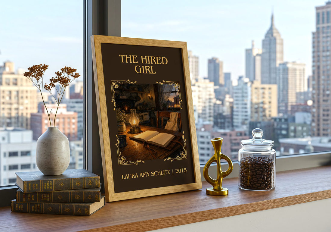 The Hired Girl Classic Book Art Print by Laura Amy Schlitz – framed print on a city-view windowsill