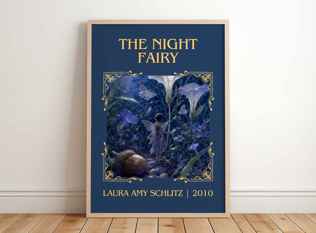 The Night Fairy Classic Book Art Print by Laura Amy Schlitz – framed print leaning on a wooden floor
