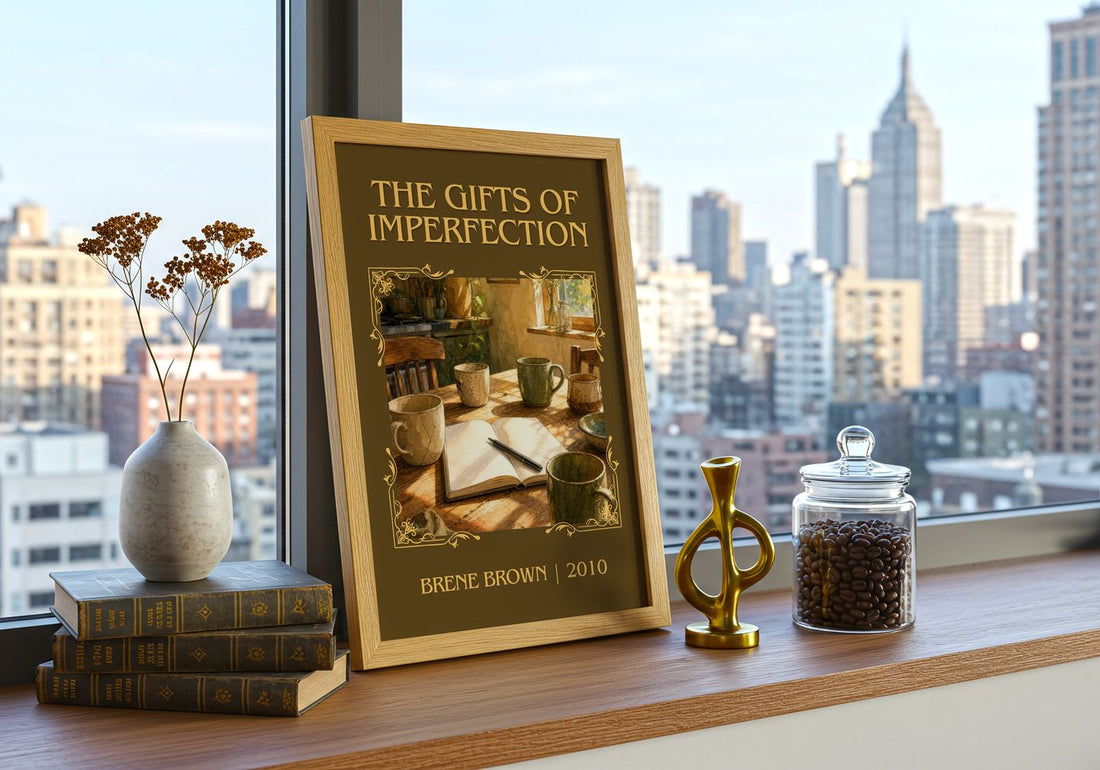The Gifts of Imperfection Classic Book Art Print by Brené Brown – framed print on a city-view windowsill