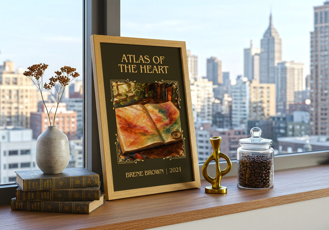 Atlas of the Heart Classic Book Art Print by Brené Brown – framed print on a city-view windowsill