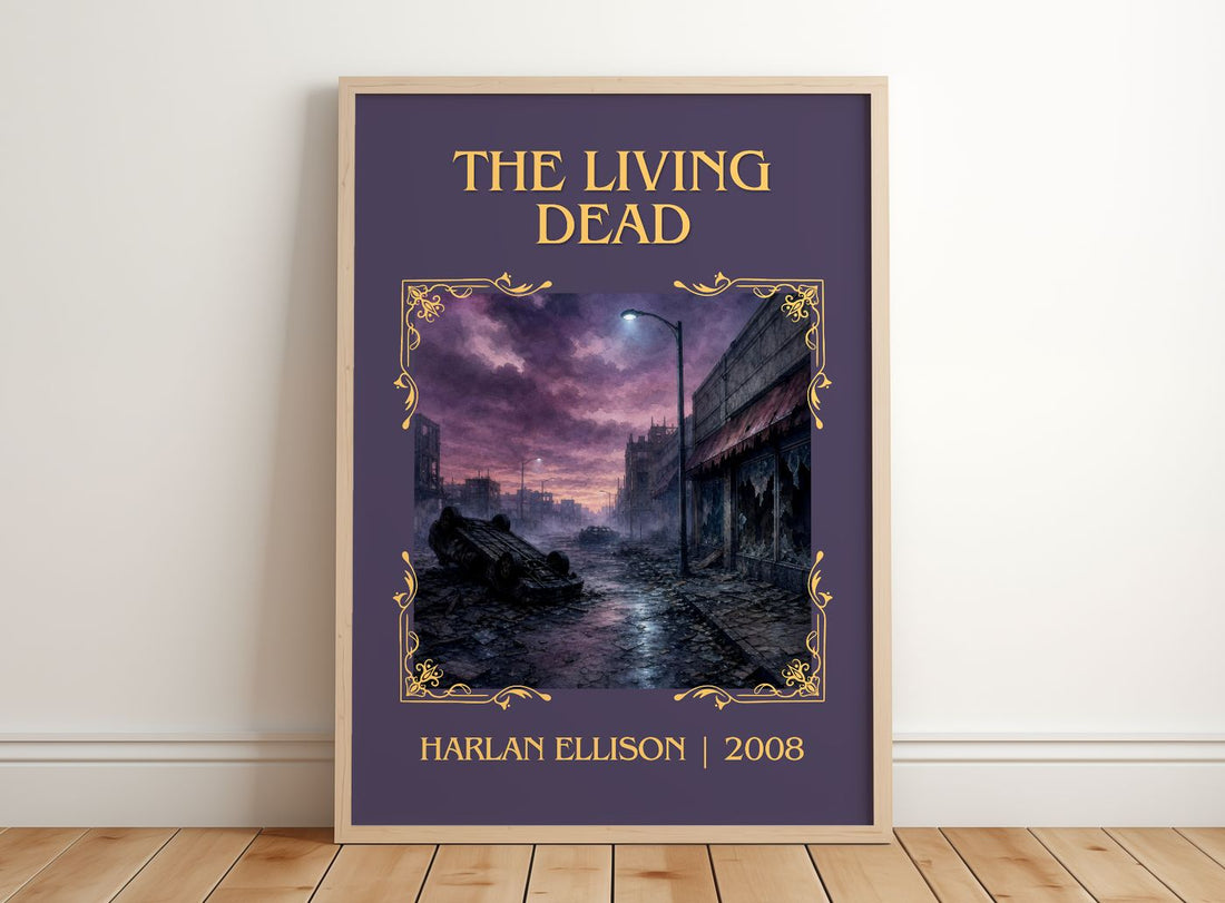The Living Dead Classic Book Art Print by Harlan Ellison – framed print leaning on a wooden floor