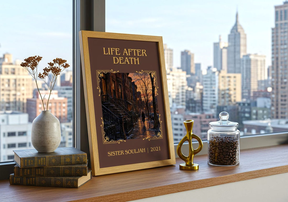 Life After Death Classic Book Art Print by Sister Souljah – framed print on a city-view windowsill