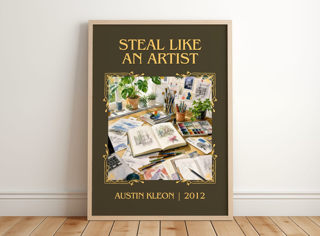 Steal like an artist Classic Book Art Print by Austin Kleon – framed print leaning on a wooden floor