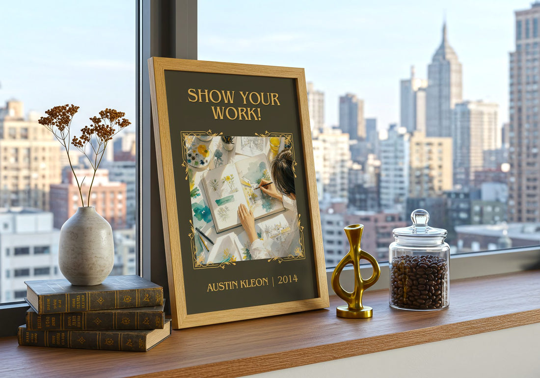 Show Your Work! Classic Book Art Print by Austin Kleon – framed print on a city-view windowsill
