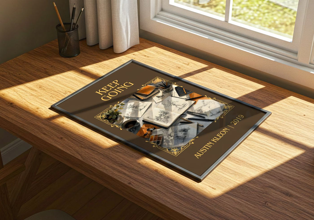 Keep Going Classic Book Art Print by Austin Kleon – print on a sunlit desk