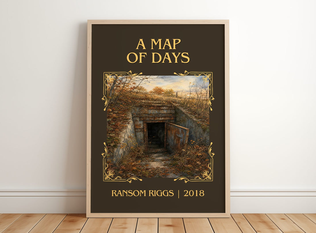 A Map of Days Classic Book Art Print by Ransom Riggs – framed print leaning on a wooden floor
