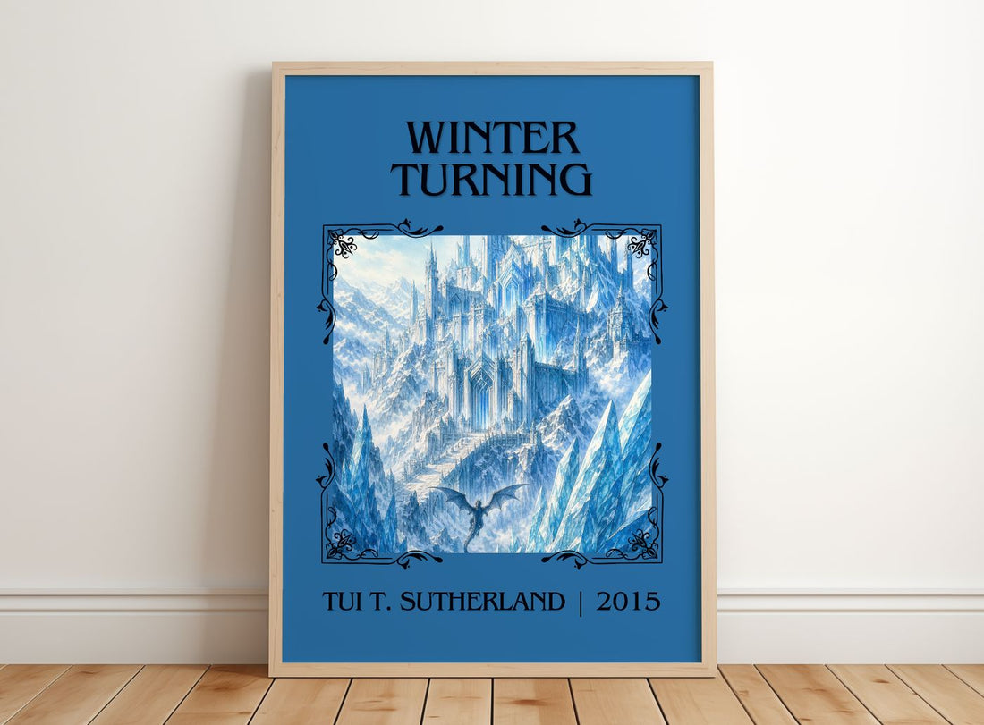 Winter Turning Classic Book Art Print by Tui T. Sutherland – framed print leaning on a wooden floor