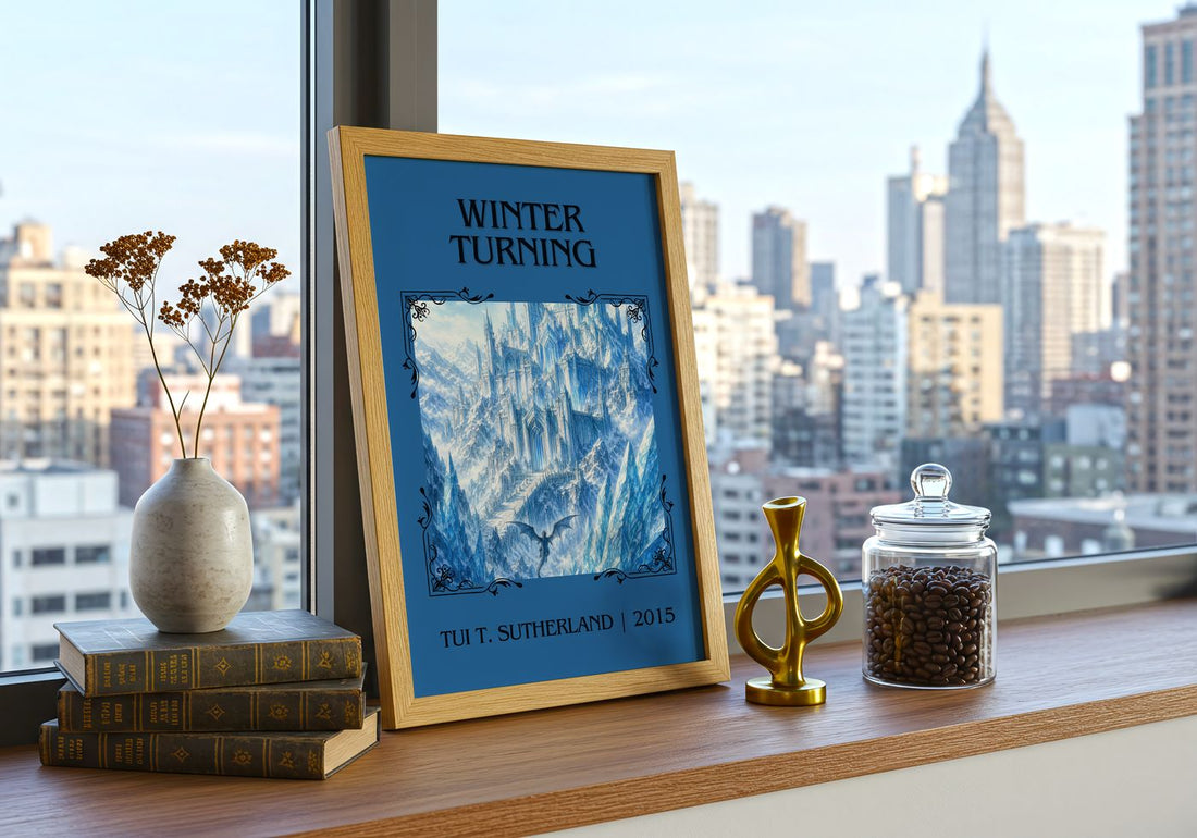Winter Turning Classic Book Art Print by Tui T. Sutherland – framed print on a city-view windowsill