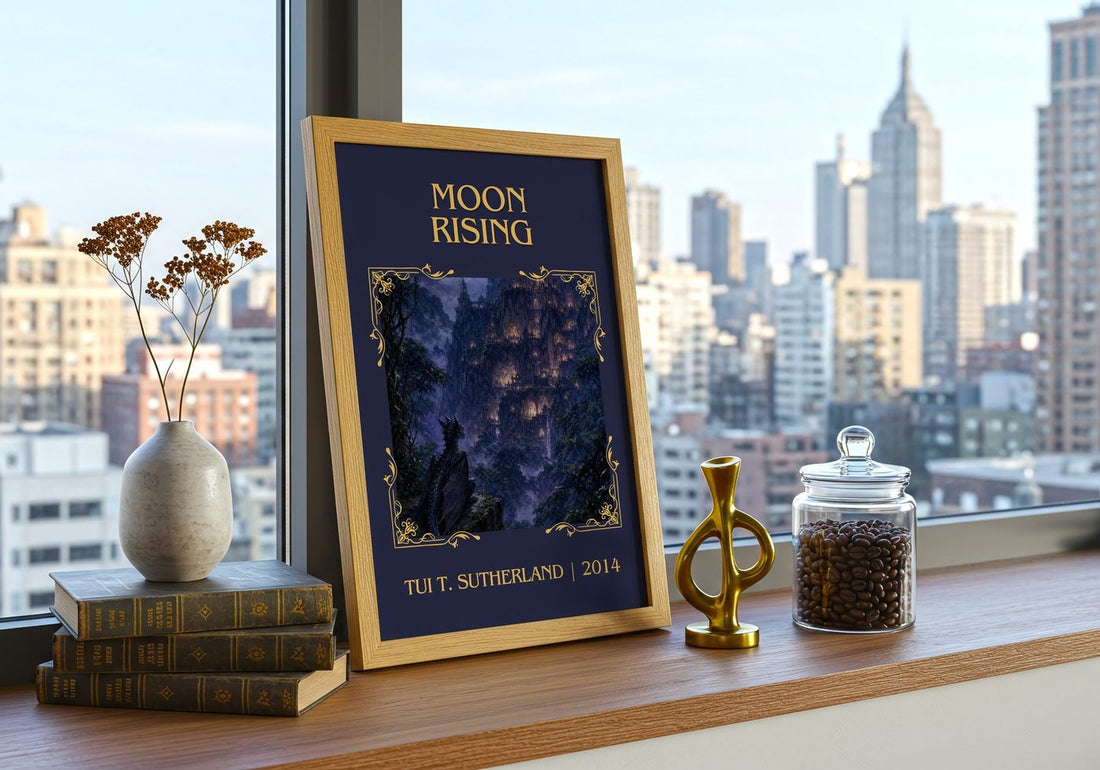 Moon Rising Classic Book Art Print by Tui T. Sutherland – framed print on a city-view windowsill