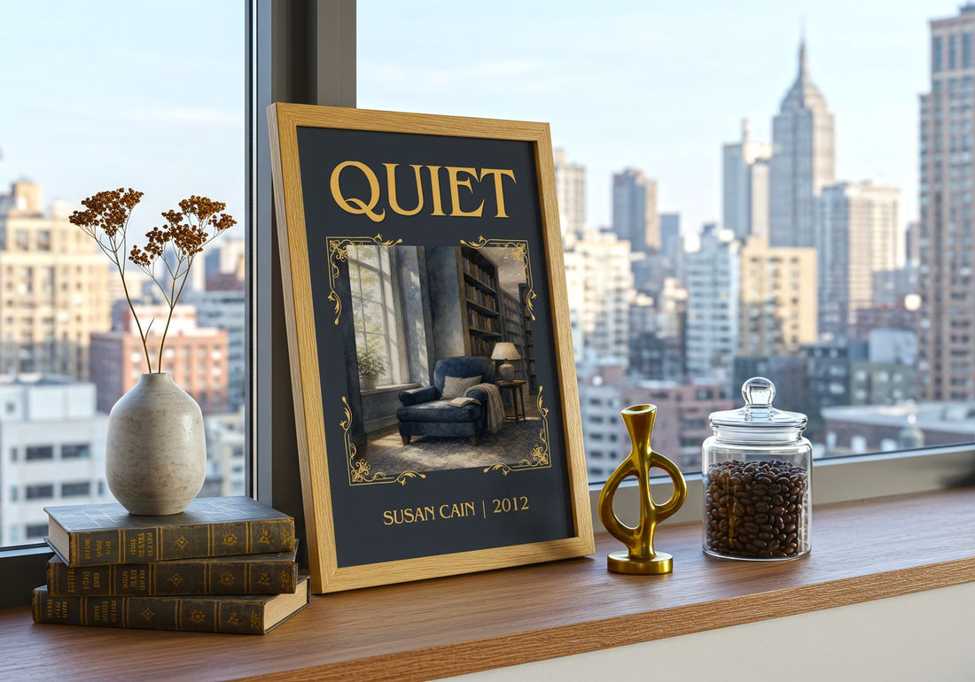 Quiet Classic Book Art Print by Susan Cain – framed print on a city-view windowsill