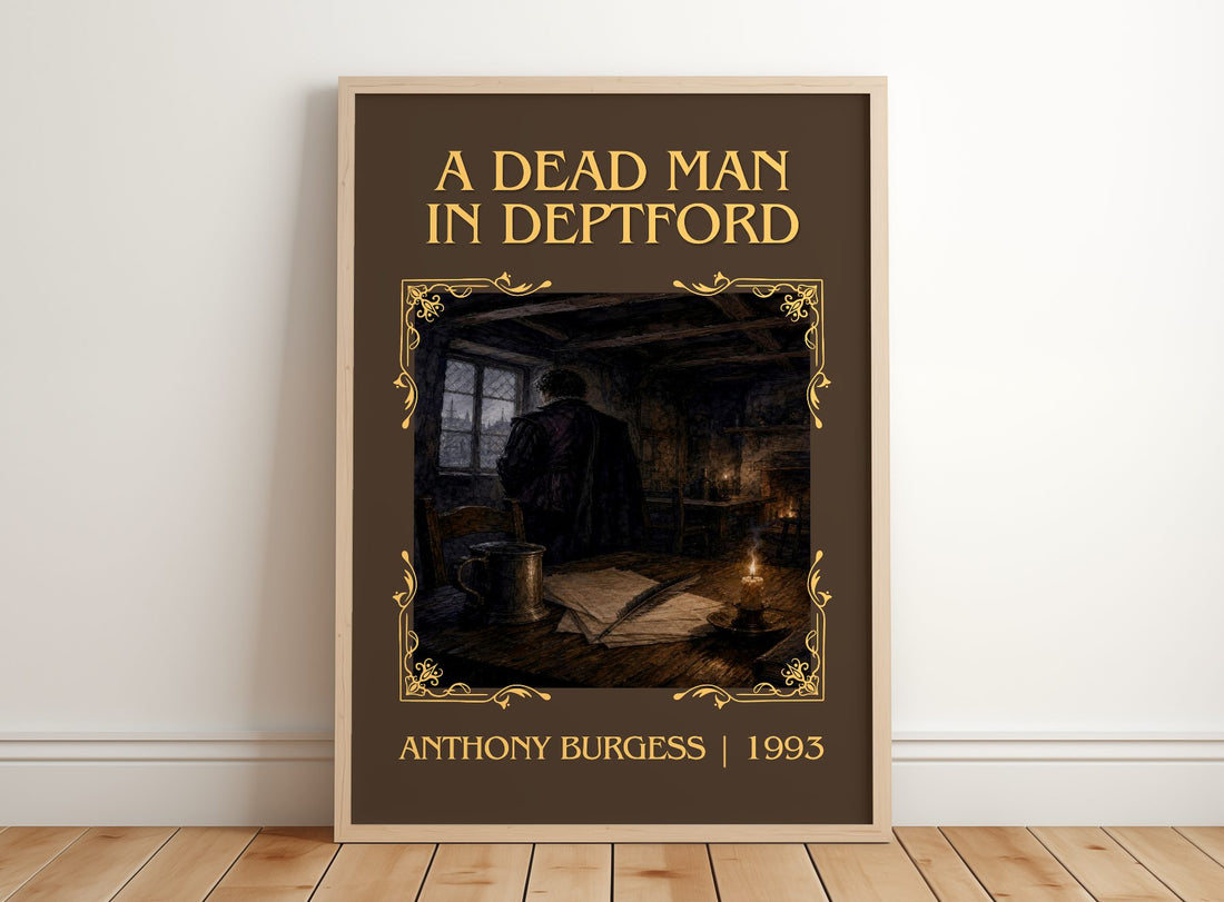 A Dead Man in Deptford Classic Book Art Print by Anthony Burgess – framed print leaning on a wooden floor