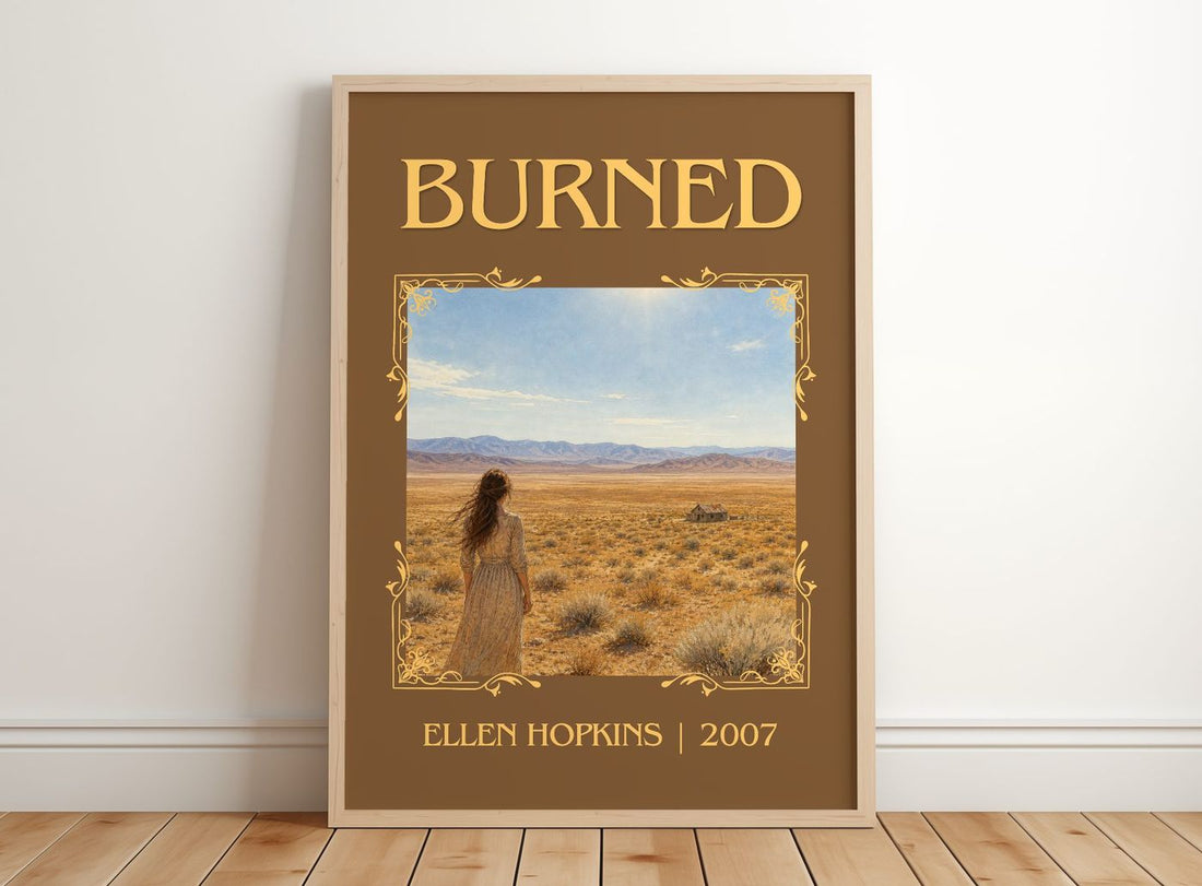 Burned Classic Book Art Print by Ellen Hopkins – framed print leaning on a wooden floor