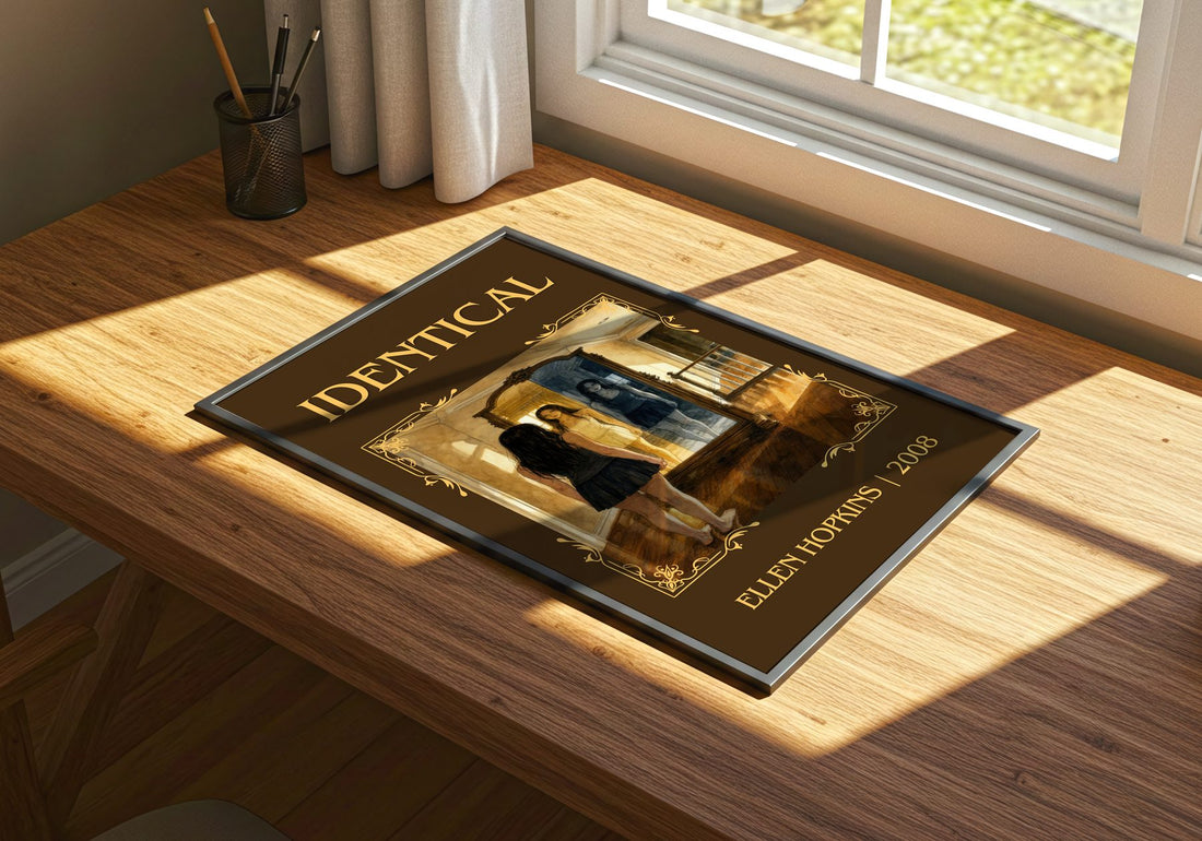 Identical Classic Book Art Print by Ellen Hopkins – print on a sunlit desk