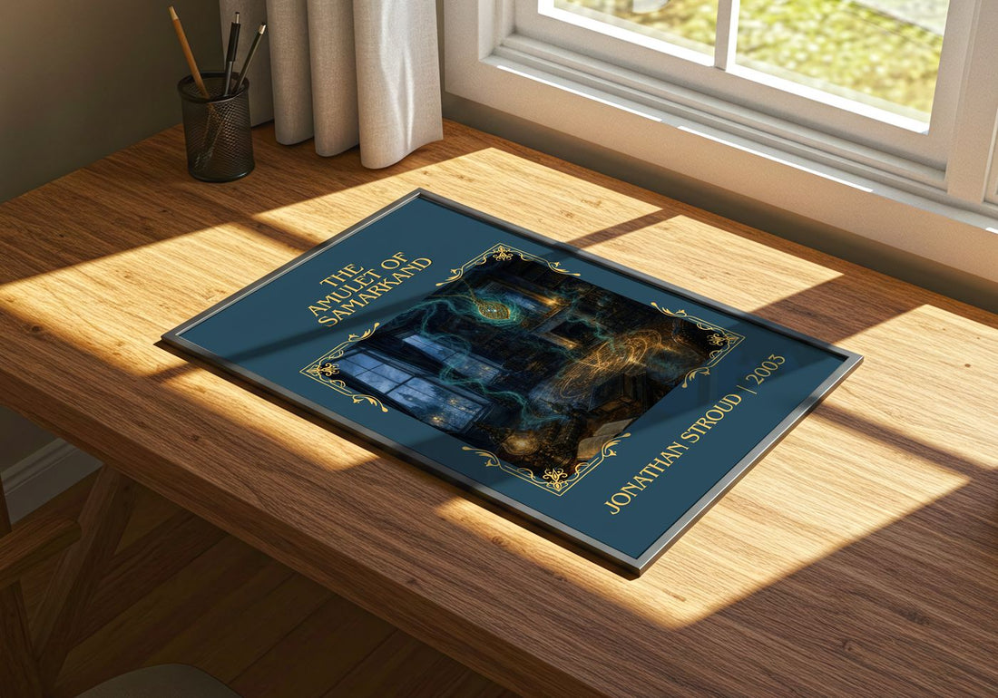 The Amulet of Samarkand Classic Book Art Print by Jonathan Stroud – print on a sunlit desk