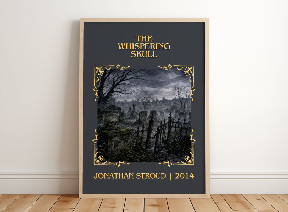 The Whispering Skull Classic Book Art Print by Jonathan Stroud – framed print leaning on a wooden floor