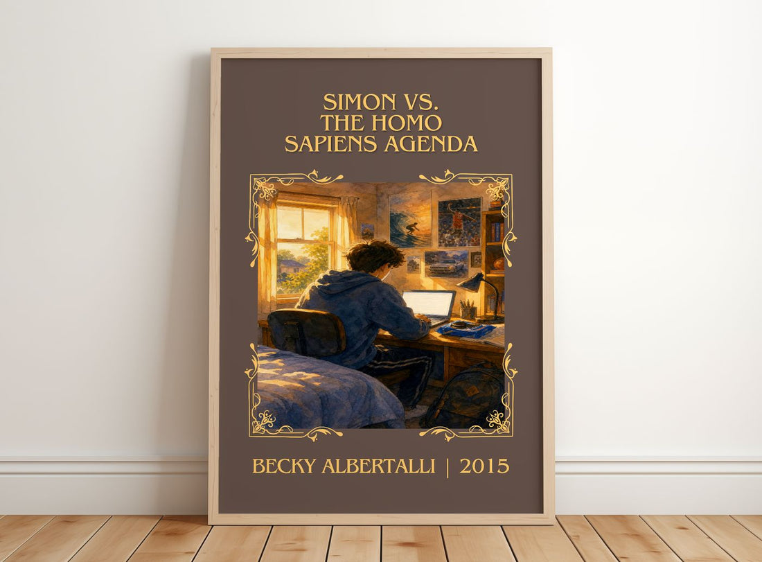 Simon vs. the Homo Sapiens Agenda Classic Book Art Print by Becky Albertalli – framed print leaning on a wooden floor
