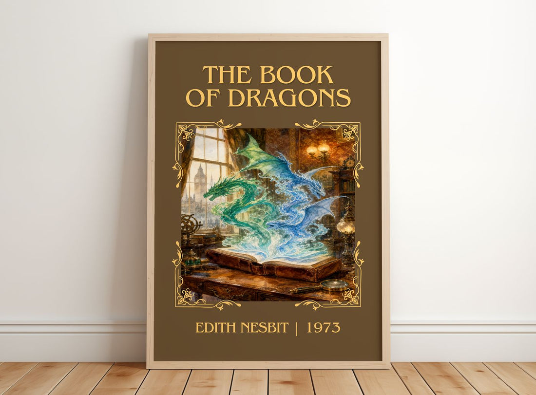 The Book of Dragons Classic Book Art Print by Edith Nesbit – framed print leaning on a wooden floor