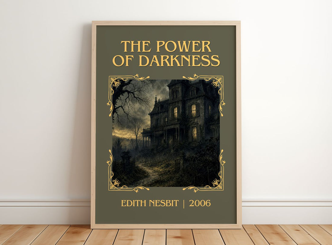 The Power of Darkness Classic Book Art Print by Edith Nesbit – framed print leaning on a wooden floor